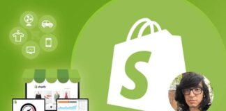 A beginner-friendly guide to Shopify with a laptop displaying the Shopify interface and a coupon graphic.