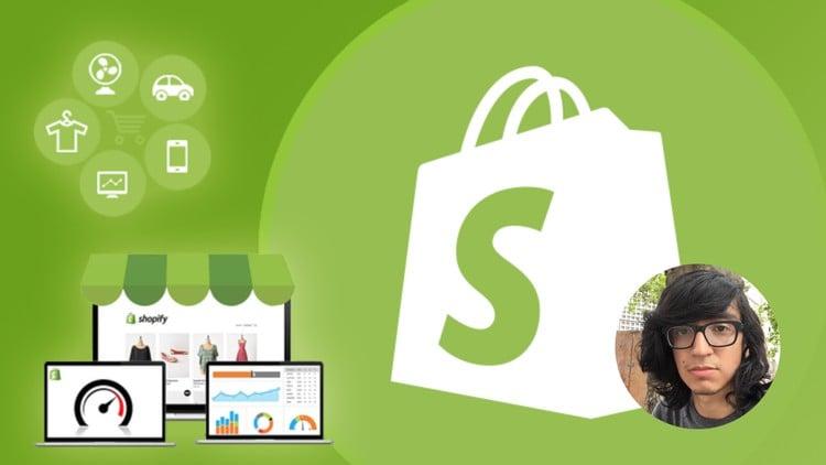 A beginner-friendly guide to Shopify with a laptop displaying the Shopify interface and a coupon graphic.