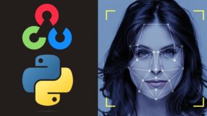 An illustration showing facial recognition with icons representing face, age, gender, and emotion analysis.